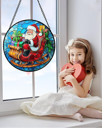 DASTOLL Stained Glass Window Hanging - Red Santa Claus Gift Box Suncatcher for Doors Home Christmas Decoration Winter Sun Catcher Thanksgiving New Year Birthday Gift for Women Men Mom Nana 9.8 in
