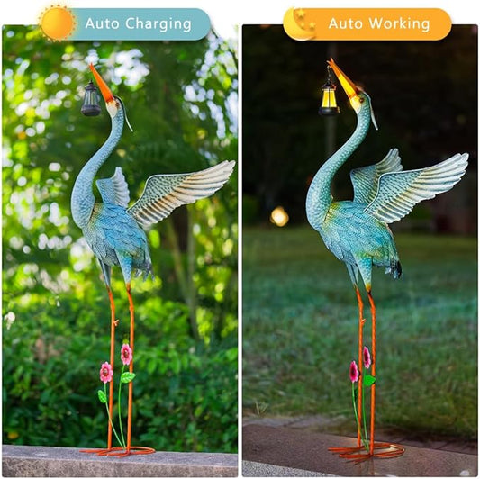 Crane Garden Statue with Solar Lantern, Large Blue Heron Outdoor Staue Garden Decor, Metal Crane Sculpture Yard Art Decor for Lawn, Backyard, Porch