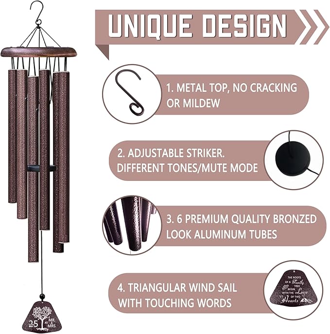25th Wedding Anniversary Wind Chimes Gifts, Best 25th Anniversary Decorations Gift for Him Husband Couple Wife, Silver 25 Year Wedding Anniversary's Keepsake Ideas Wind Chimes for Outside 32"