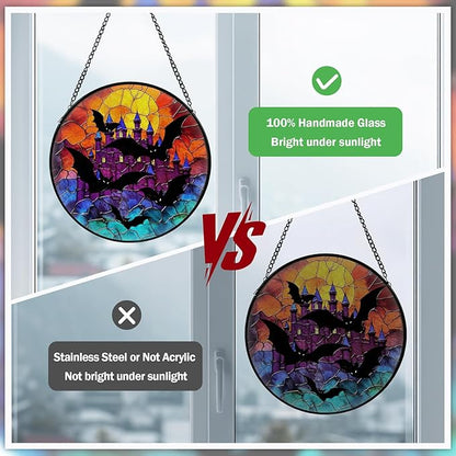 Bat Stained Glass Window Hanging, Horror Movies Decor Suncatcher for Window Hanging, Moon Sun Catchers Indoor Windows Wall Art, Gifts for Bat Lovers, Christmas Decor, for Home Garden Office 7.87 inch