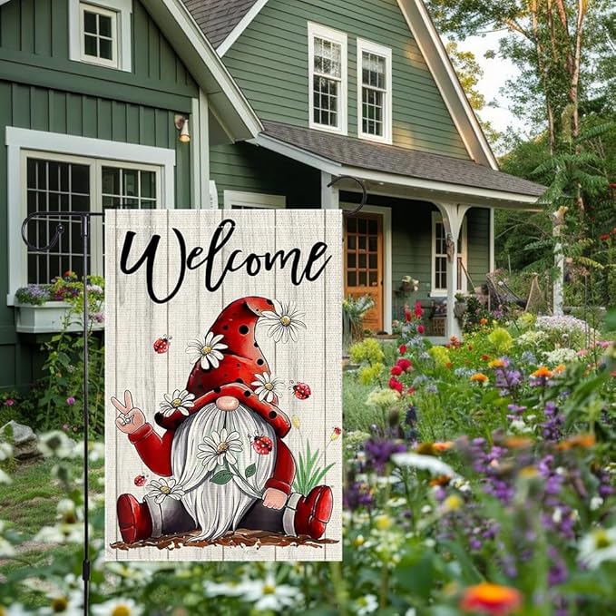 Welcome Garden Flag 12x18 Inch Double Sided with Spring Gnome, Daisies, Ladybugs, and Wooden Fence for Outdoor Yard Decoration