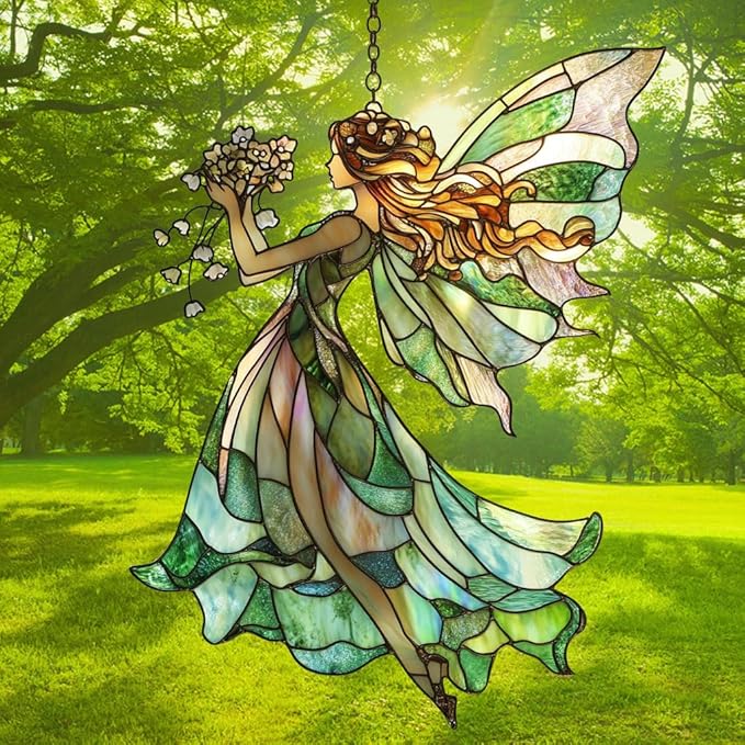 Elegant Forest Fairy Acrylic Suncatcher Stained Glass Effect Window Car Hanging Christmas Ornament Indoor Outdoor Decor Garden Sun Catcher Panel for Fairy Lover for Women Mom Grandma