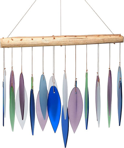 Blue Handworks Mountain Ridge Glass Chime, Sandblasted Glass and Found Wood Handcrafted Wind Chime