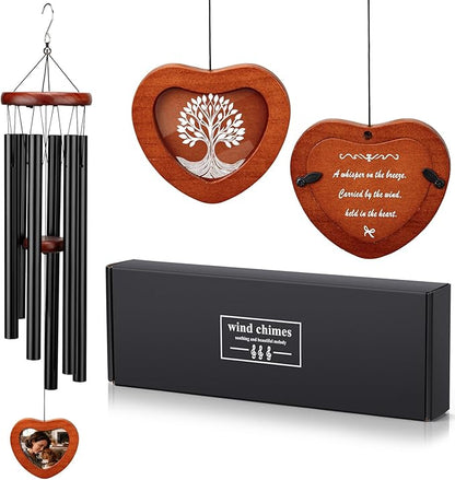 32" Wind Chimes for Outside with Heart Photo Holder, Aluminium Sympathy Wind Chimes Suitable for Outdoor, Garden, Patio Decoration, Sympathy Chime for Loss of Loved One, Friend, Pet Memorial - Black
