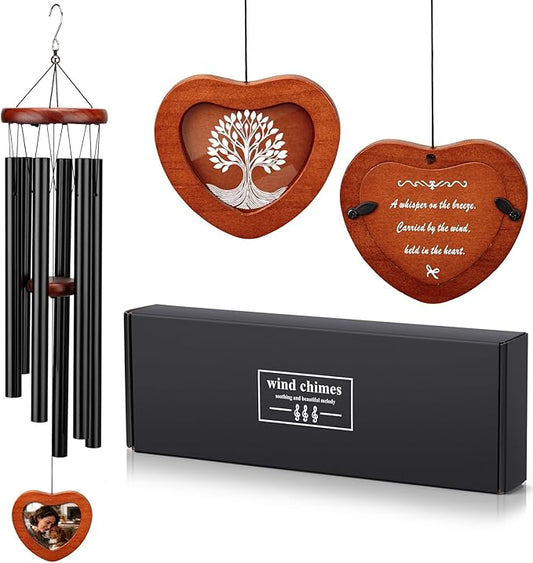 32" Wind Chimes for Outside with Heart Photo Holder, Aluminium Sympathy Wind Chimes Suitable for Outdoor, Garden, Patio Decoration, Sympathy Chime for Loss of Loved One, Friend, Pet Memorial - Black