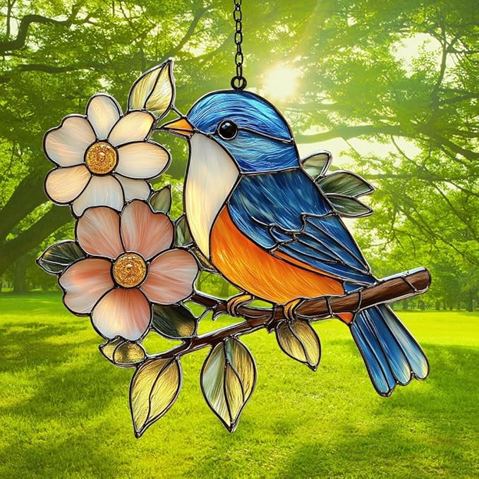 Bluebird Acrylic Suncatcher Stained Glass Effect Window Car Hanging Christmas Ornament Indoor Outdoor Decor Garden Sun Catcher Panel for Acrylic Suncatcher Lover for Women Mom Grandma