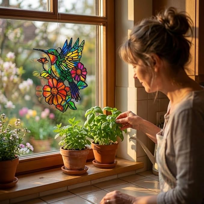 Colorful Hummingbird Flower Handmade Resin Suncatchers, Artisan Sun Catcher Stained Glass Effect Hummingbird Ornaments Window Hanging Garden Decor, Gifts for Mother's Day, Mom, Grandma, Wife, Women
