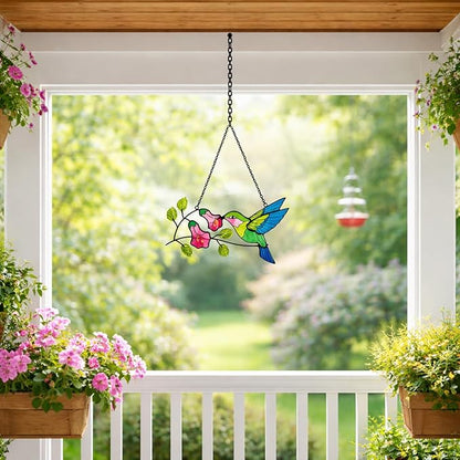 Hummingbird Stained Glass Suncatcher, Handmade Colorful Window Hanging Sun Catcher Ornament for Home & Garden Decor, Great Gift Idea for Bird Lovers & Mom