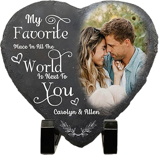NAZENTI Custom Photo My Favorite Place In All The World Is Next To You, Couple Personalized Heart Shaped Stone With Stand, Gift For Husband Wife Anniversary Couples