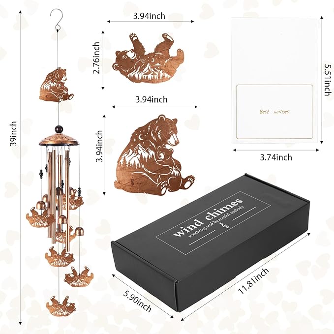 Bear Wind Chimes for Outside, Memorial Wind Chimes with Card & Gift Box, Antique Metal Bear Decor for Garden Patio Porch, Unique Sympathy Bear Gifts for Women Mom Grandma