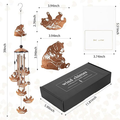 Bear Wind Chimes for Outside, Memorial Wind Chimes with Card & Gift Box, Antique Metal Bear Decor for Garden Patio Porch, Unique Sympathy Bear Gifts for Women Mom Grandma