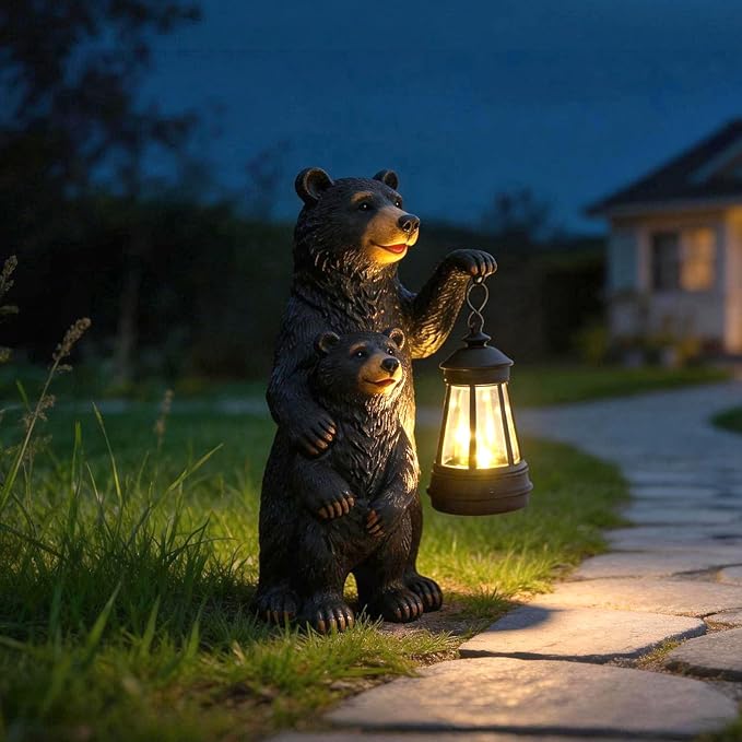 Solar Garden Statue Bear Family - 10" H Resin Outdoor Statue with Solar Powered Lantern - Welcome Bear Decor Outdoor, Unique Birthday Gifts for Women - Waterproof Patio Yard Decorations