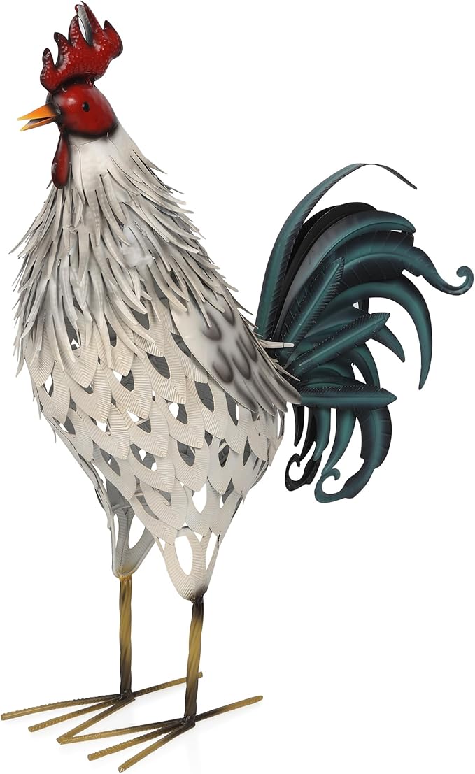 Alpine Corporation 28" Tall Outdoor Metal Feathered Rooster Statue with Vibrant Design, Garden Decor, White/Black
