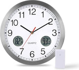 jomparis Outdoor Clock with Outdoor and Indoor Thermometer Combo,12 Inch Metal Frame Outdoor Wall Clock for Patio Pool (Silver)