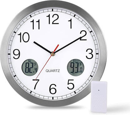 jomparis Outdoor Clock with Outdoor and Indoor Thermometer Combo,12 Inch Metal Frame Outdoor Wall Clock for Patio Pool (Silver)