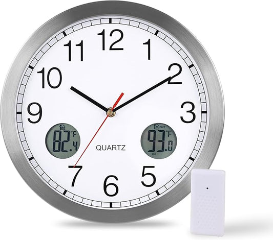 jomparis Outdoor Clock with Outdoor and Indoor Thermometer Combo,12 Inch Metal Frame Outdoor Wall Clock for Patio Pool (Silver)