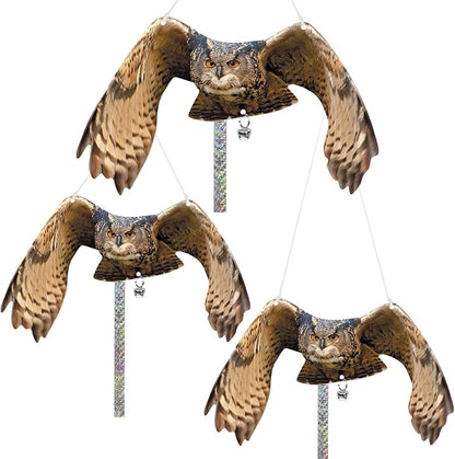 Owls to Keep Birds Away: 3 Pack Fake Owls with Reflective Tape for Garden Patio Tree, Bird Scare Reflective Hanging Decoration to Keep Birds Pigeon from Windows Tree Garden