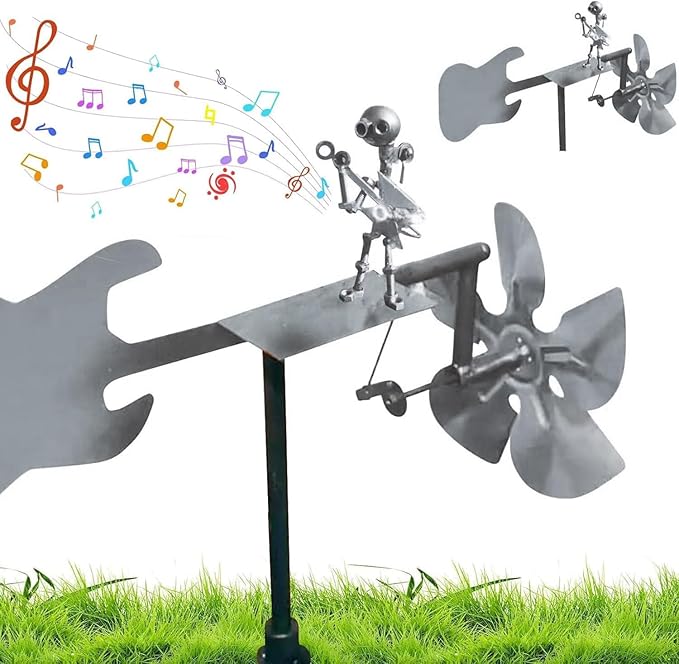 Handmade Metal Guitarist Windmill, Metal Art Musician Figurine Wind Mill, Percussionist and Musician Kinetic Spinners, for Garden, Yard, Lawn, Patio, Unique Art Gift for Music Lovers (Silver)