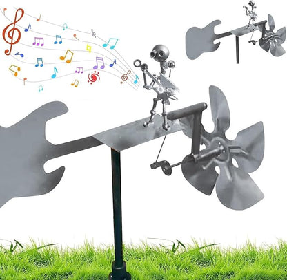 Handmade Metal Guitarist Windmill, Metal Art Musician Figurine Wind Mill, Percussionist and Musician Kinetic Spinners, for Garden, Yard, Lawn, Patio, Unique Art Gift for Music Lovers (Silver)