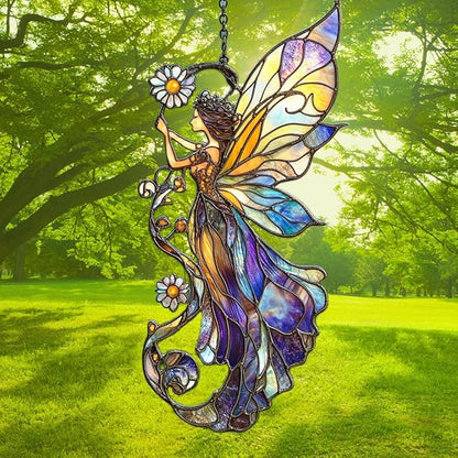 Fairy Acrylic Suncatcher Stained Glass Effect Window Car Hanging Christmas Ornament Indoor Outdoor Decor Garden Sun Catcher Panel for Acrylic Suncatcher Lover for Women Mom Grandma