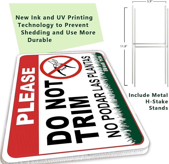 2 Pcs 12.6 X 9.4 Inch Corrugated Plastic Double Sided Do Not Trim Yard Signs with Metal Stakes,Plant Signs Bilingual Garden Markers for Outdoor Lawn