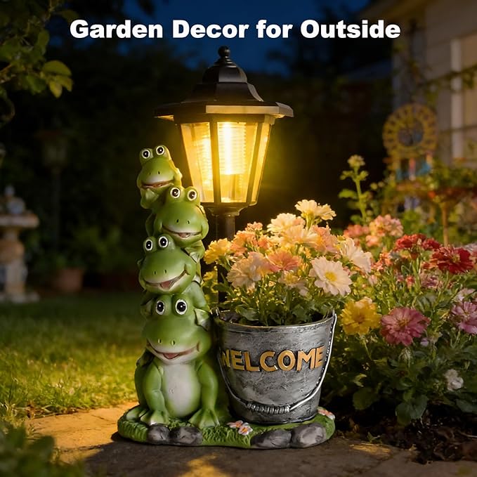 VEEKI Frog Garden Statue Outdoor, Solar Frog Figurine with Lantern and Flowerpot, Resin Frog Decor for Garden Patio Yard Lawn Ornament, Housewarming Birthday Gifts for Women Mom Grandma