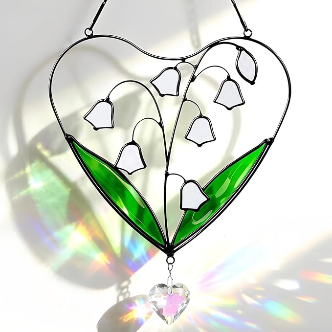 Lily of The Valley Sun Catcher Stained Glass Window Hanging - IDEA SHOW 6.6 Inch Handmade Real Glass Suncatcher Ornaments, Memorial Gifts for Women, Mom, Plant Lover Gifts for Indoor Home Wall Decor