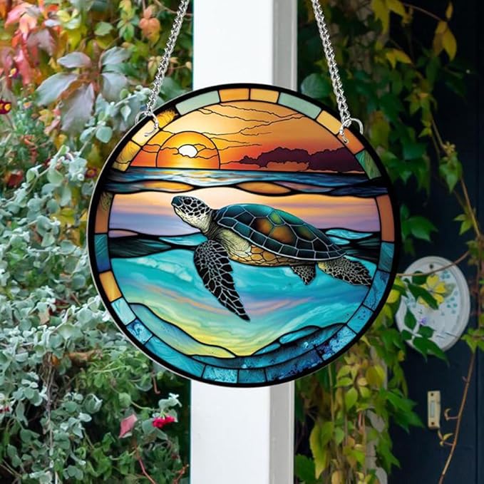 7.9'' Acrylic Window Hanging Decor,Stained Panel Hangings Decorative Acrylic Wall Decor Colorful Ornament Window Hangings for Outdoor Indoor Decor(Marine Turtle)