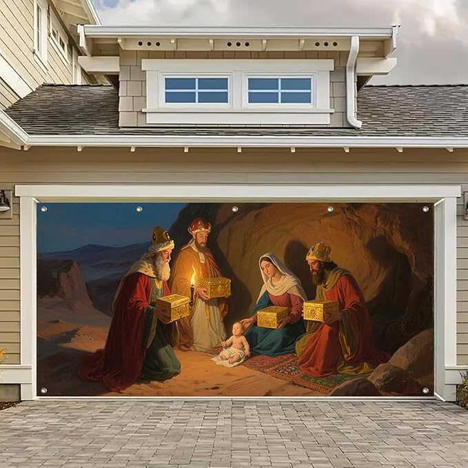 HOMETITUTE 13x6ft Three Wise Men Nativity Scene Garage Door Banner Baby Jesus Mary Polyester Large Outdoor Xmas Decoration for Holiday Party Winter Yard Home School Church Community Display