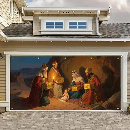 HOMETITUTE 13x6ft Three Wise Men Nativity Scene Garage Door Banner Baby Jesus Mary Polyester Large Outdoor Xmas Decoration for Holiday Party Winter Yard Home School Church Community Display