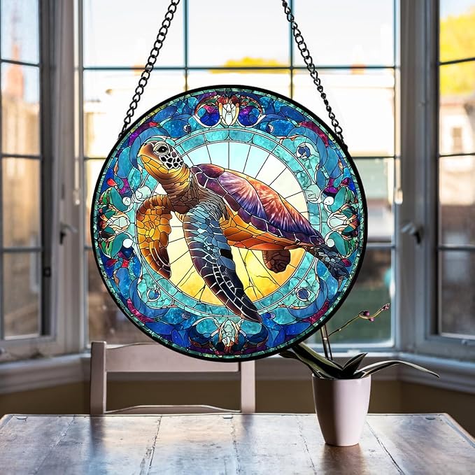 Sea Turtle Suncatcher Stained Glass Window Hanging - 8″ Handmade Suncatchers for Windows Christmas Decorations - Sea Glass Sun Catchers Wall Decor Glass Panel - Sea Turtle Gifts for Women Men Mom