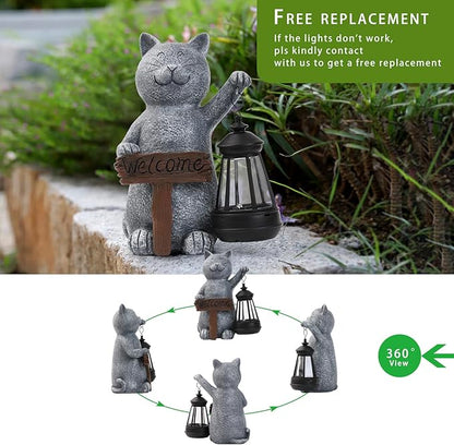 Garden Decoration Solar Powered Welcome cat Statue: Mothers Day Birthday Gifts for Mom Grandma Women Sister Wife Lady Lover - Balcony Garden Patio Lawn Porch Welcome Cat Decoration