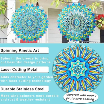 Peacock Wind Spinner,12.1in Green Bird Feather Style Spinner Hanging Ornaments,3D Kinetic Art Garden Sculptures,Sun Catcher Outdoor Metal Large Spinning Yard Decor,Big Craft Decorations for Garden