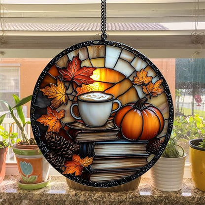 Pumpkin Spices Books Acrylic Suncatcher Stained Glass Effect Window Car Hanging Christmas Ornament Indoor Outdoor Decor Garden Sun Catcher Panel for Book Lover for Women Mom Grandma