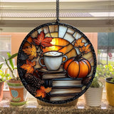 Pumpkin Spices Books Acrylic Suncatcher Stained Glass Effect Window Car Hanging Christmas Ornament Indoor Outdoor Decor Garden Sun Catcher Panel for Book Lover for Women Mom Grandma