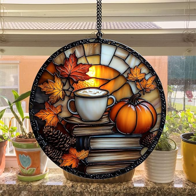Pumpkin Spices Books Acrylic Suncatcher Stained Glass Effect Window Car Hanging Christmas Ornament Indoor Outdoor Decor Garden Sun Catcher Panel for Book Lover for Women Mom Grandma