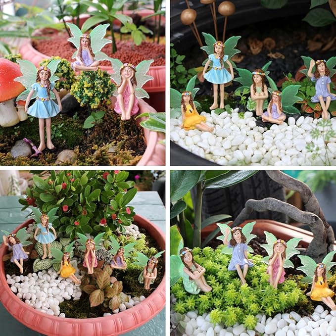 Fairy Garden Decor Fairy Door and Windows for Trees, Glow in The Dark Yard Sculpture Lawn Ornament Mini Garden Art Outdoor Decor Accessories with Lantern (6 Fairies)