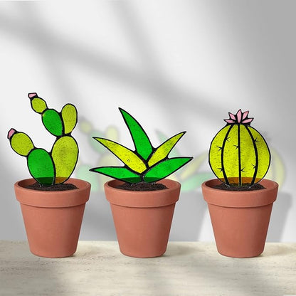 Tuitessine Succulent Plant Stained Glass Cactus Glass Decor (No Pot), Cacti Suncatcher Desk Windowsill Shelf Christmas Decor Plant Lover Gifts for Mom, Grandma, Teacher