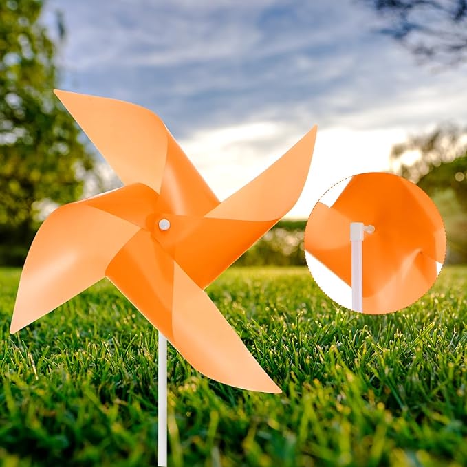 HARFINGTON 50pcs Windmills for The Yard Garden 17" x 11" 4 Leaves Pinwheels Wind Mills Spinners Windproof Waterproof Bird Devices with Stakes for Patio Decor, Orange