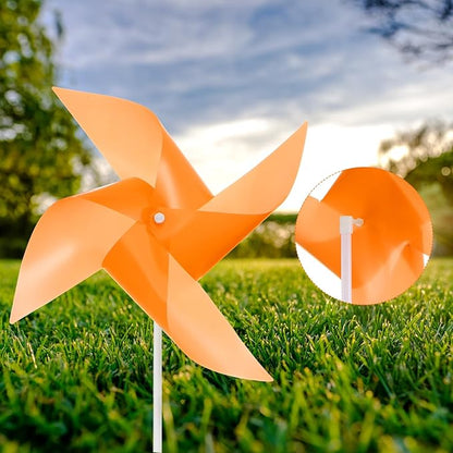 HARFINGTON 50pcs Windmills for The Yard Garden 17" x 11" 4 Leaves Pinwheels Wind Mills Spinners Windproof Waterproof Bird Devices with Stakes for Patio Decor, Orange