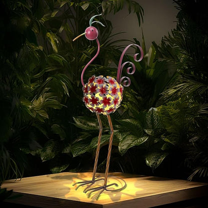 Afirst Solar Flamingo Outdoor Decor Metal Flamingo Figurine Light with Flowers Pink Flamingos Solar Sculptures & Statues for Yard Outdoor Lawn Decoration