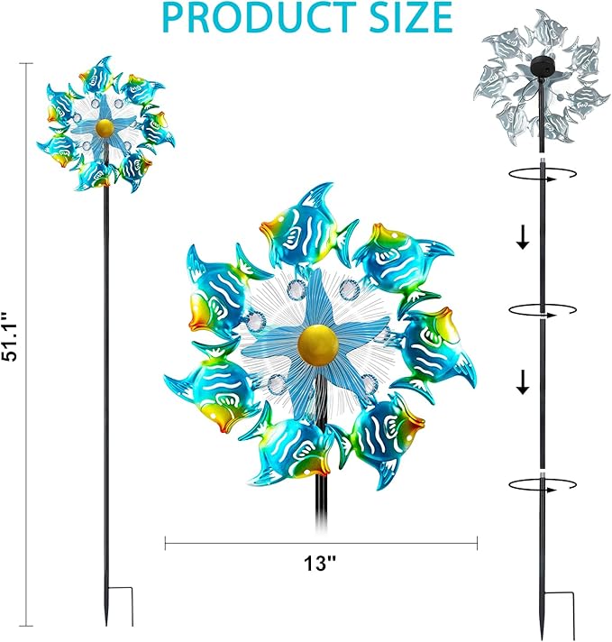 Solar Wind Spinners Outdoor, 51" Waterproof Metal Stake Tropical Fish Sculpture with 7 Color LED Lights 360° Rotating Kinetic Solar Windmill for Yard Garden Lawn Patio Decor
