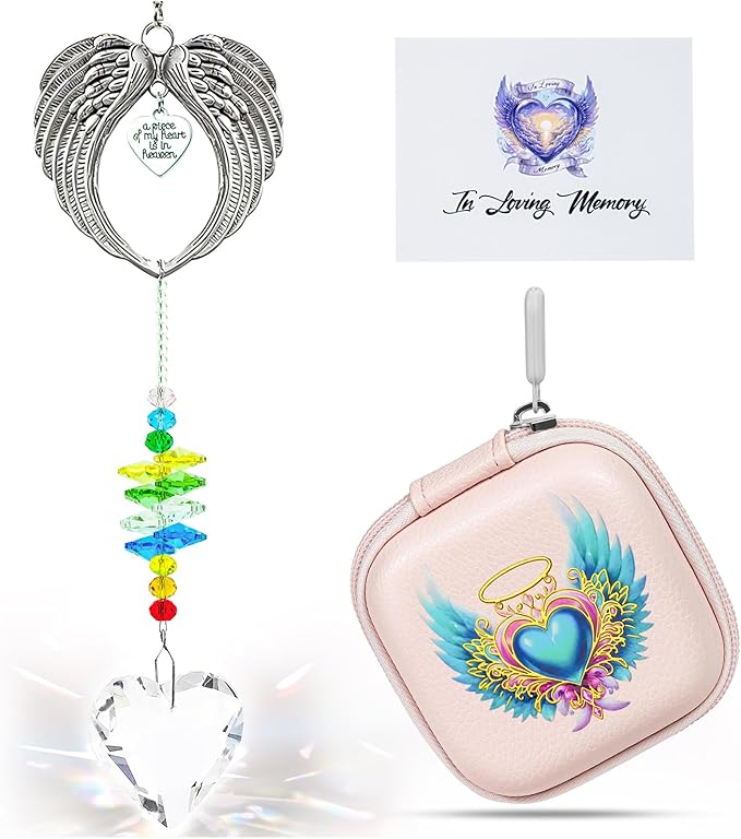 Crystal Angel Wings Suncatcher - A Piece of My Heart is in Heaven Memorial Gift for Women, Sympathy Bereavement Gift for Loss of Loved One, Remembrance Window Decor