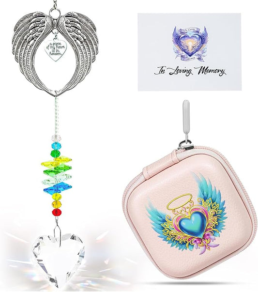 Crystal Angel Wings Suncatcher - A Piece of My Heart is in Heaven Memorial Gift for Women, Sympathy Bereavement Gift for Loss of Loved One, Remembrance Window Decor