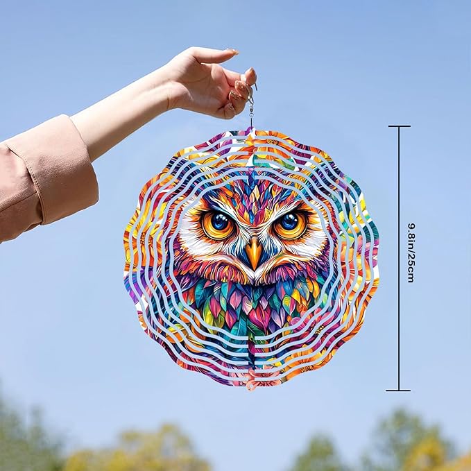 10 Inch 3D Owl Wind Spinner, Laser Cut Metal Hanger Kinetic Wind Rustproof Sculpture for Garden Yard Art Lawn Balcony Window Porch Outdoor Indoor Decor