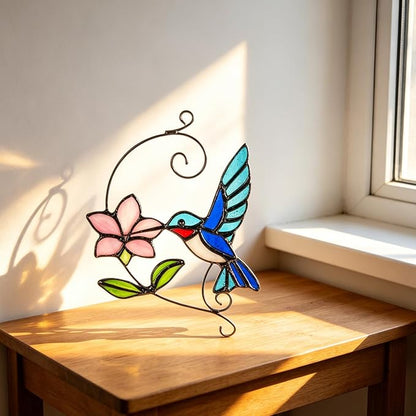 Blue Hummingbird Stained Glass Suncatcher with Flower, Handmade Window Hanging Light Catcher Bird Decor for Home & Garden, Glass Ornament Gift for Mom, Grandma & Nature Lovers