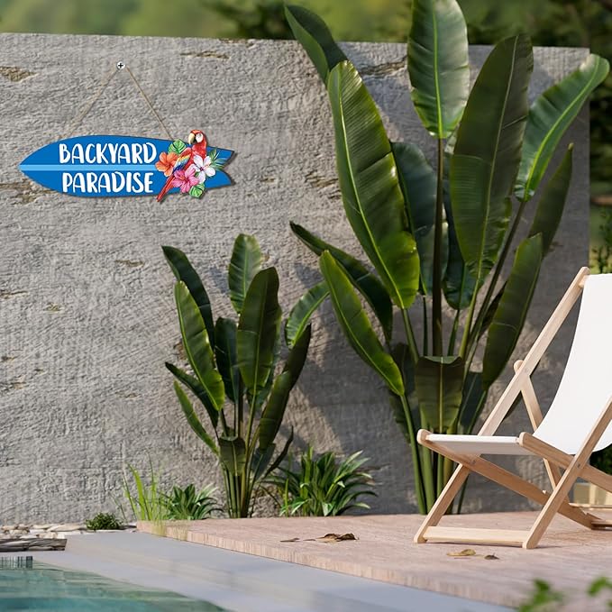Wooden Backyard Paradise Sign Surfboard Wall Hanging Sign Wooden Hanging Decorative Art for Yard Garage Bar Tiki Wall Home Party Summer Decor Gift, 5 x 16 Inches