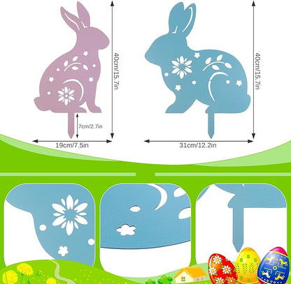 2 Pcs Easter Bunny Yard Signs Iron Rabbit Silhouette Decoration Pink and Blue Metal Rabbit Yard Art for Outdoor Lawn Garden Spring Decor