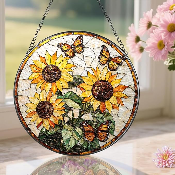Stained Glass Suncatcher Window Hanging, 7.8 Inch Handmade Sunflower Garden suncatchers, Suncatcher Home Decor,Gift for Women, Mom, Grandma (Sunflower)