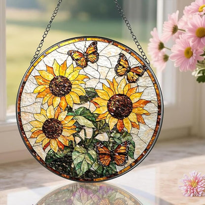 Stained Glass Suncatcher Window Hanging, 7.8 Inch Handmade Sunflower Garden suncatchers, Suncatcher Home Decor,Gift for Women, Mom, Grandma (Sunflower)